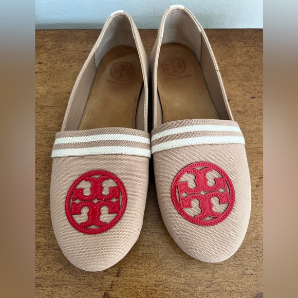 Tory Burch Canvas Beige Red Slip On Shoes 9 - Picture 2 of 8